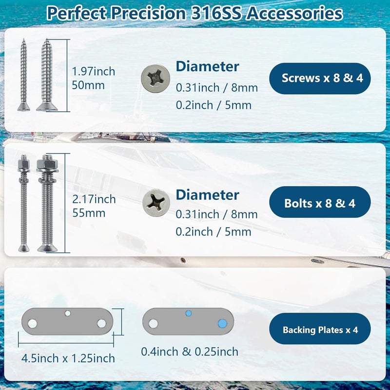DEDU 4-1/2" Folding Boat Cleat 316 Stainless Steel, Marine Flip Up Dock Cleat 2 Holes, Boat Folding Cleat 6 Inch with Fasteners and Back Plates for Dock Lines Mooring Accessories (4 Pack) - Image 5